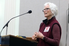 Beth Slocum of Vasa speaks Tuesday, May 8, 2018, against a proposed change to Goodhue County Article 11 - Performance Standards, Section 24 – Preservation of Farming Practices. She said Circle K Farms wants to change the rules to end “nuisance” claims.
-Photo by Sarah Hansen/RiverTown Multimedia